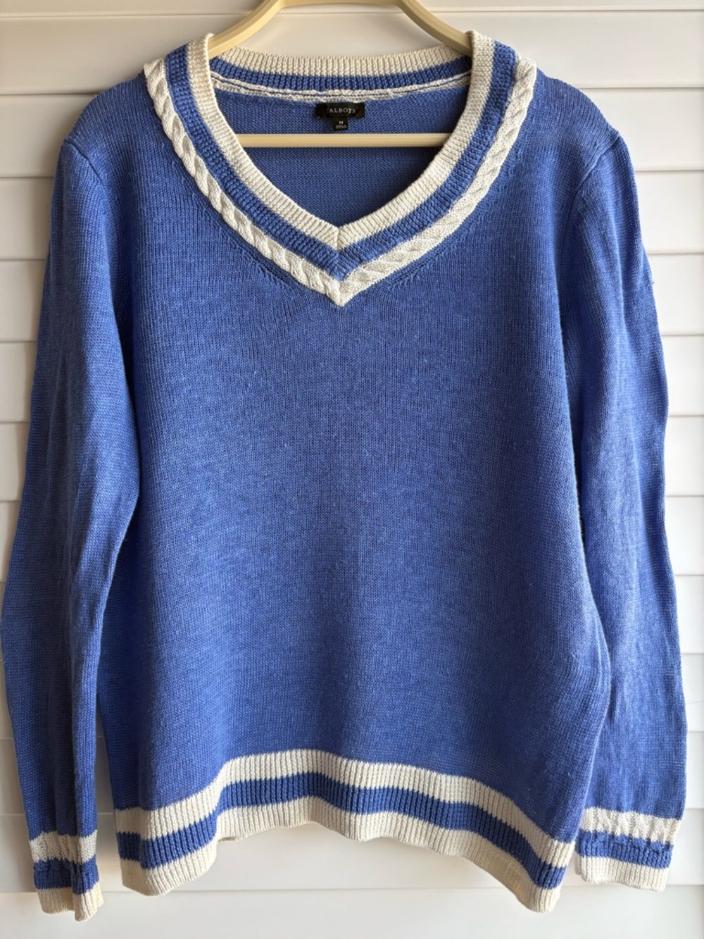 Talbots Light Blue Linen’s V-Neck Sweater with White Trim